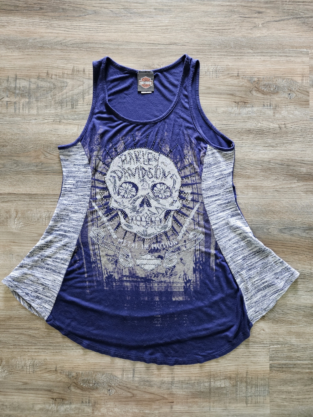 Harley-Davidson Navy & Gray Embellished Skull "Metal In Motion" Flowy Tank Top